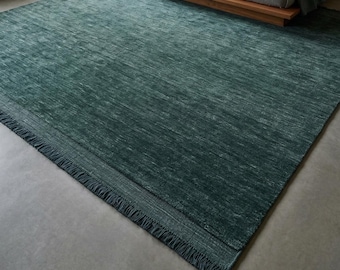 Forest Green Handloom Wool Rug | Low Shed Heathered Area Carpet | Scandinavian Modern Living Room Bedroom | Custom Size 8x10 9x12 Rug