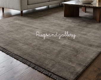 Handloom Dark Taupe Area Rug, Solid Minimalist Carpet for Living Room, Scandinavian Modern Floor Covering, Handmade Fringed Bedroom Rug 8x10