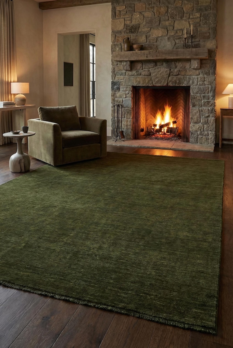 Olive Green Solid Wool Handloom Rug Modern Minimalist Area Rug Custom Size Low Shed Carpet for Living Room Organic Cozy Home Decor 8x10 9x12 image 1