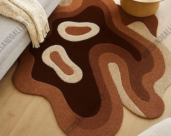 Tappeto in lana trapuntato a mano, irregolare e minimalista / Design astratto ondulato e organico per soggiorno e camera da letto in stile boho. Disponibile in misure personalizzate: 8x10 e 9x12.