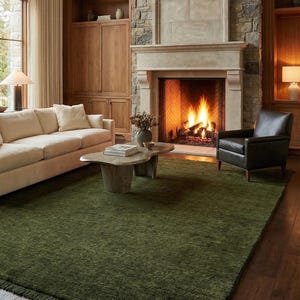 Olive Green Solid Wool Handloom Rug Modern Minimalist Area Rug Custom Size Low Shed Carpet for Living Room Organic Cozy Home Decor 8x10 9x12 image 9