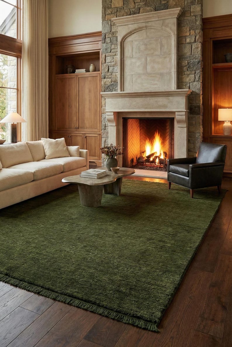 Olive Green Solid Wool Handloom Rug Modern Minimalist Area Rug Custom Size Low Shed Carpet for Living Room Organic Cozy Home Decor 8x10 9x12 image 9