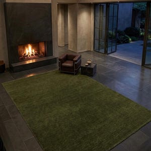 Olive Green Solid Wool Handloom Rug Modern Minimalist Area Rug Custom Size Low Shed Carpet for Living Room Organic Cozy Home Decor 8x10 9x12 image 5