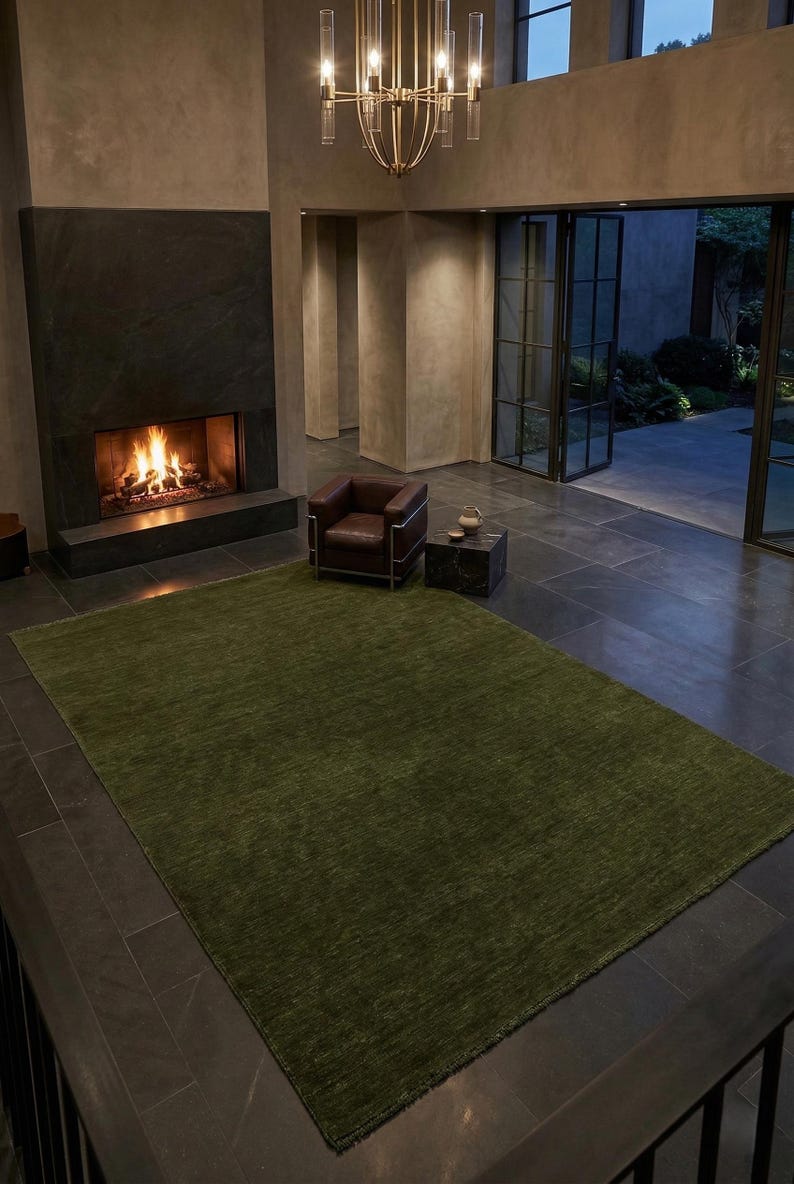 Olive Green Solid Wool Handloom Rug Modern Minimalist Area Rug Custom Size Low Shed Carpet for Living Room Organic Cozy Home Decor 8x10 9x12 image 5