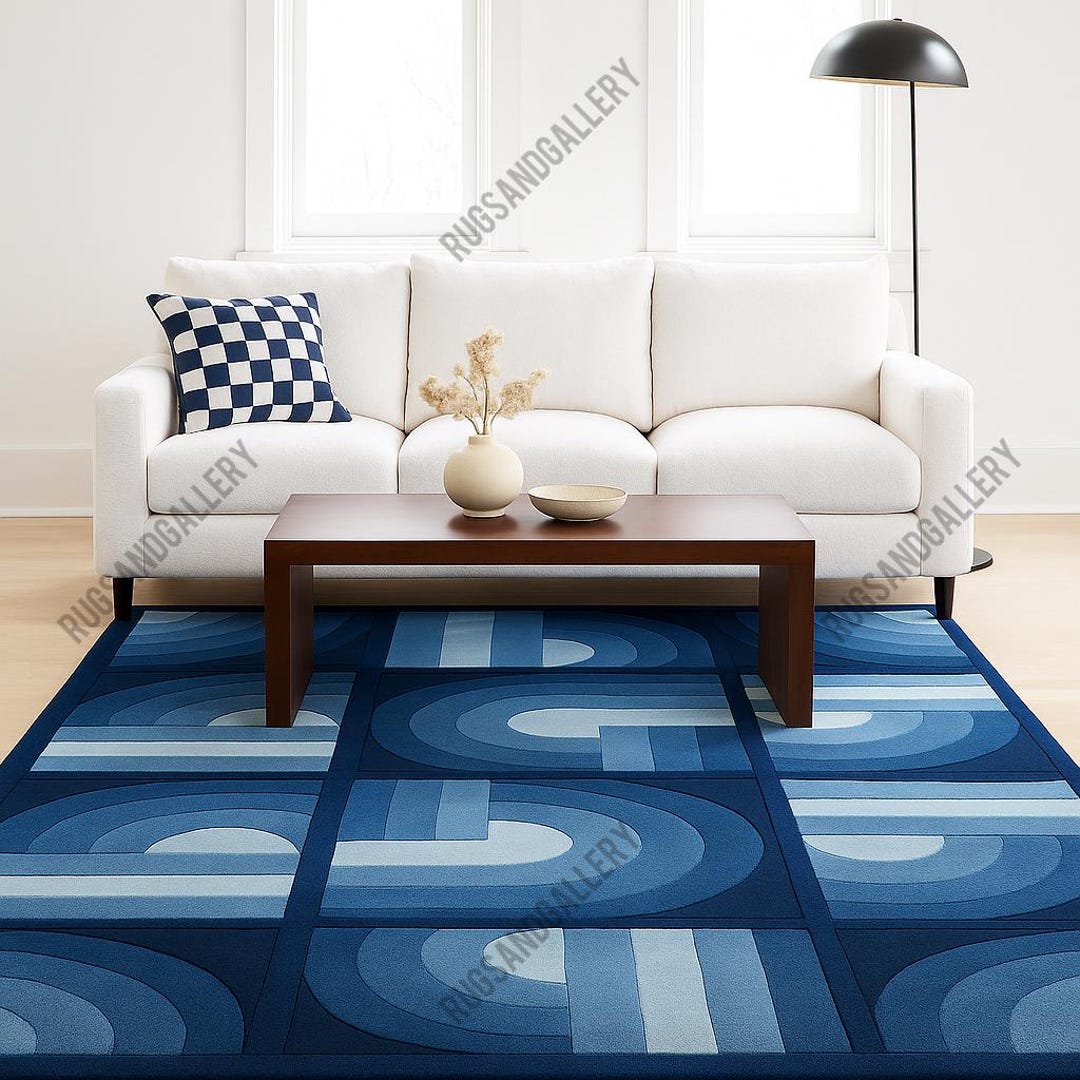 Modern Hand Tufted Blue Rug Geometric Arch Pattern Wool Rug | Bold ...