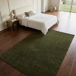 Olive Green Solid Wool Handloom Rug Modern Minimalist Area Rug Custom Size Low Shed Carpet for Living Room Organic Cozy Home Decor 8x10 9x12 image 7