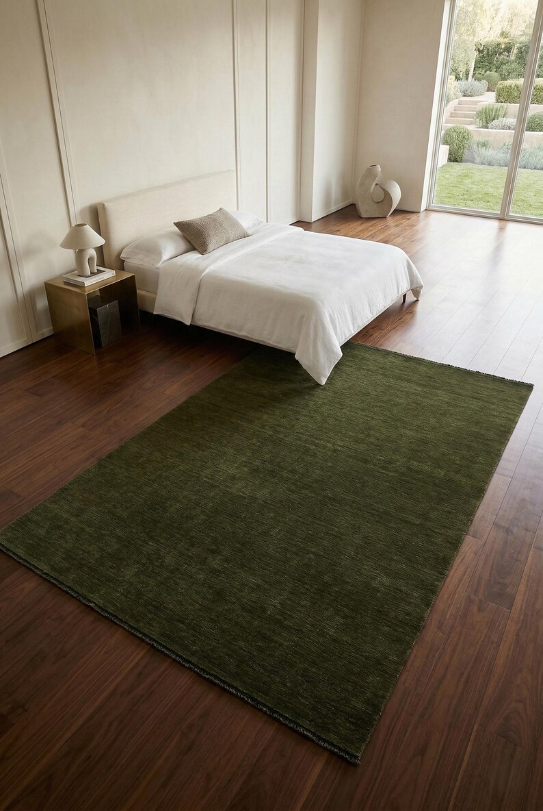 Olive Green Solid Wool Handloom Rug Modern Minimalist Area Rug Custom Size Low Shed Carpet for Living Room Organic Cozy Home Decor 8x10 9x12 image 7