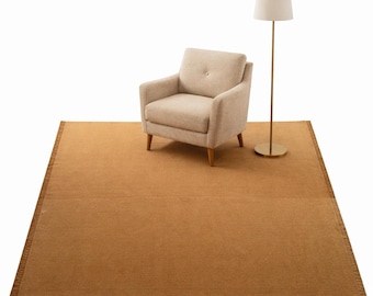Tapete Dhurrie de Lã Camel Mostarda com Tecido Plano | Tapete Dhurrie Minimalista Boho Artesanal em Cor Sólida | Tapete Escandinavo de Lã | Tamanho Personalizado 8x10