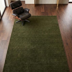 Olive Green Solid Wool Handloom Rug Modern Minimalist Area Rug Custom Size Low Shed Carpet for Living Room Organic Cozy Home Decor 8x10 9x12 image 11