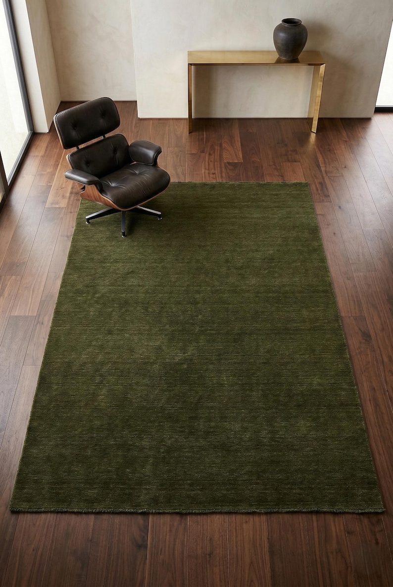 Olive Green Solid Wool Handloom Rug Modern Minimalist Area Rug Custom Size Low Shed Carpet for Living Room Organic Cozy Home Decor 8x10 9x12 image 11