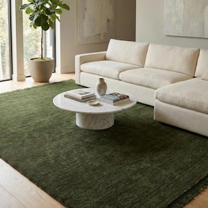 Olive Green Solid Wool Handloom Rug Modern Minimalist Area Rug Custom Size Low Shed Carpet for Living Room Organic Cozy Home Decor 8x10 9x12 image 8