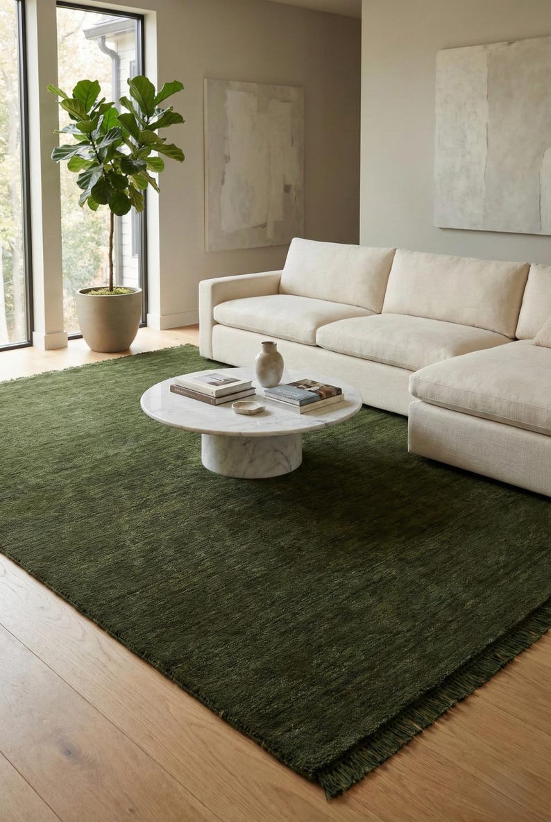 Olive Green Solid Wool Handloom Rug Modern Minimalist Area Rug Custom Size Low Shed Carpet for Living Room Organic Cozy Home Decor 8x10 9x12 image 8