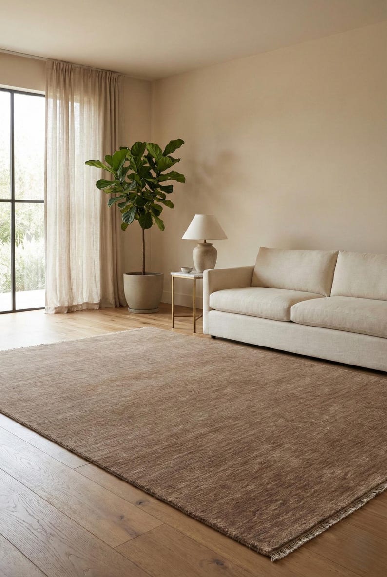 Handwoven Brown Handloom Wool Area Rug – Warm Neutral Fringed Carpet ...
