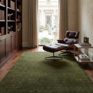 Olive Green Solid Wool Handloom Rug Modern Minimalist Area Rug Custom Size Low Shed Carpet for Living Room Organic Cozy Home Decor 8x10 9x12 image 2