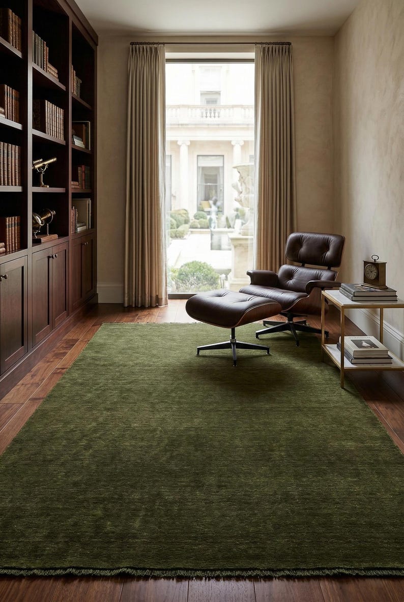 Olive Green Solid Wool Handloom Rug Modern Minimalist Area Rug Custom Size Low Shed Carpet for Living Room Organic Cozy Home Decor 8x10 9x12 image 2