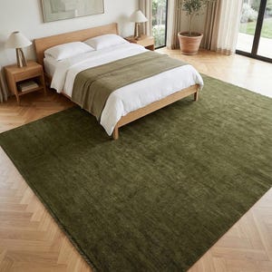 Olive Green Solid Wool Handloom Rug Modern Minimalist Area Rug Custom Size Low Shed Carpet for Living Room Organic Cozy Home Decor 8x10 9x12 image 3