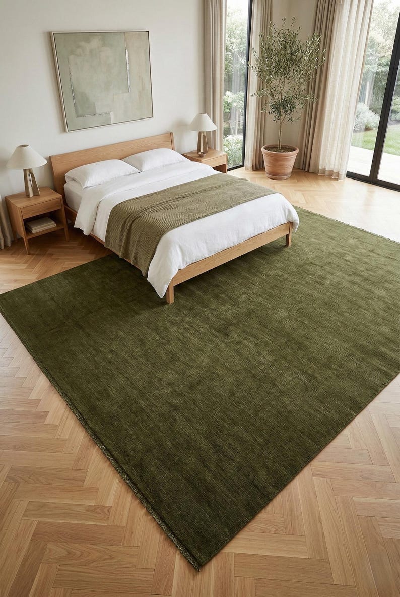 Olive Green Solid Wool Handloom Rug Modern Minimalist Area Rug Custom Size Low Shed Carpet for Living Room Organic Cozy Home Decor 8x10 9x12 image 3