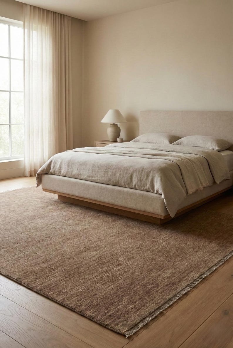 Handwoven Brown Handloom Wool Area Rug – Warm Neutral Fringed Carpet ...