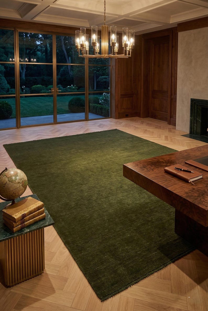 Olive Green Solid Wool Handloom Rug Modern Minimalist Area Rug Custom Size Low Shed Carpet for Living Room Organic Cozy Home Decor 8x10 9x12 image 12