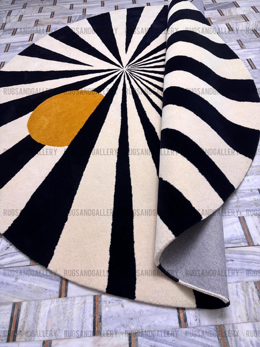 Luxury Modern Round Rug Art Deco Sunburst Carpet | Black Cream Gold ...