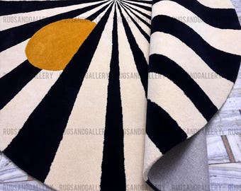 Luxury Modern Round Rug Art Deco Sunburst Carpet | Black Cream Gold Accent Rug Designer Contemporary 5X5 9X9 12X12 Custom Size Available