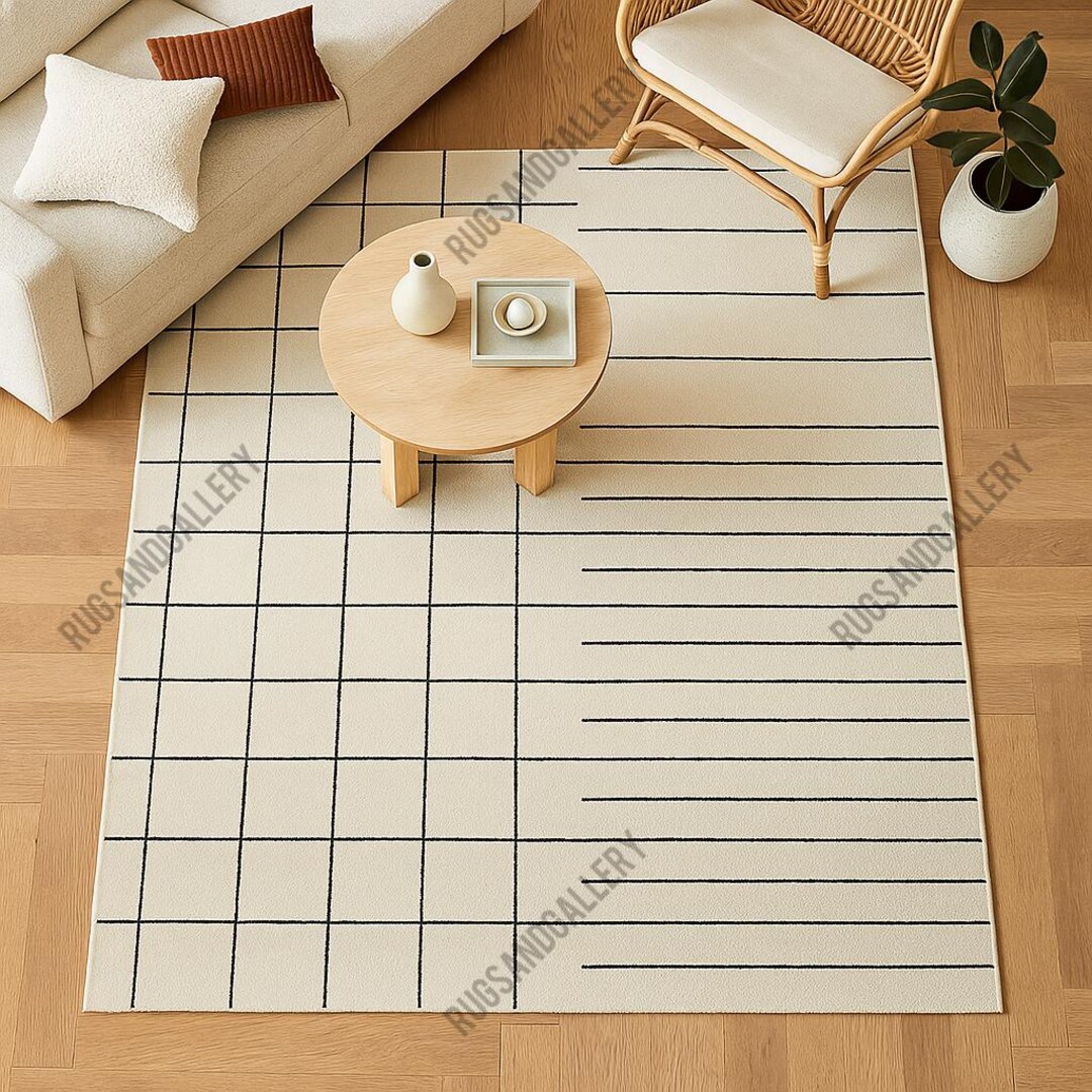 Minimalist Hand Tufted Rug Modern Grid & Line Design Scandinavian Wool ...