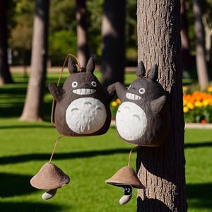 Puede incluir: Dos móviles de viento inspirados en Totoro de color marrón oscuro colgando de un árbol. Cada uno tiene una panza blanca, una cara sonriente y una campana en forma de campana. El fondo muestra un césped verde y árboles.