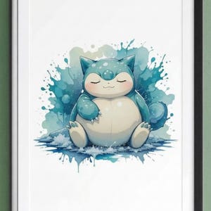 Op de afbeelding: Waterverfillustratie van een stripfiguur in blauwe en cr&egrave;mekleurige tinten, zittend in water met een achtergrond van blauwe spetters. Het personage heeft gesloten ogen en een serene uitdrukking, omlijst in zwart.