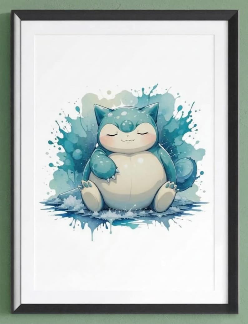 Op de afbeelding: Waterverfillustratie van een stripfiguur in blauwe en cr&egrave;mekleurige tinten, zittend in water met een achtergrond van blauwe spetters. Het personage heeft gesloten ogen en een serene uitdrukking, omlijst in zwart.