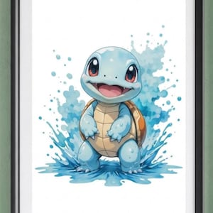 Op de afbeelding: Een ingelijste aquarelprint van een cartoon schildpad karakter in tinten blauw, beige en oranje. De schildpad lacht en is omringd door een spat water. Het kunstwerk staat tegen een witte achtergrond.