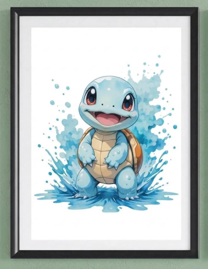 Op de afbeelding: Een ingelijste aquarelprint van een cartoon schildpad karakter in tinten blauw, beige en oranje. De schildpad lacht en is omringd door een spat water. Het kunstwerk staat tegen een witte achtergrond.