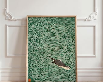 Minimalistische poster van een otter in Japanse stijl, print van een zwemmende otter, zen-muurdecoratie met wilde dieren, natuurdecoratie