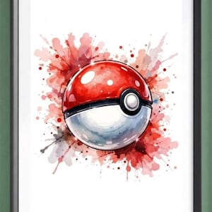 Op de afbeelding: Een ingelijste print met een aquarel-stijl illustratie van een rood-witte Pok&eacute; Ball. Het ontwerp bevat een spat van rode en roze aquarelverf, wat een dynamisch en artistiek effect cre&euml;ert. De print is ingelijst in een zwart frame.