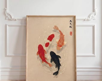 Poster met koivissen | Minimalistische Japanse muurdecoratie | Zen Japandi decoratie | Print van een Aziatische vijver | Moderne poster