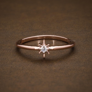 14K Yellow Gold Diamond Star Ring Silver North Star Signet Ring Star Diamond Ring Thin 8-Pointed Star-Shaped Ring Celestial-Inspired Ring