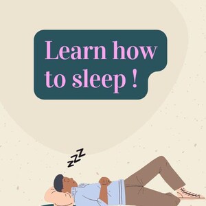 Peut inclure: Illustration d'une personne dormant sur un croissant de lune avec des étoiles. Le texte "Learn how to sleep!" est affiché dans un rectangle turquoise. L'image comporte une icône PDF dans le coin supérieur droit.