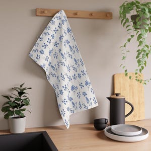 Floral Print Tea Towels, Charming Kitchen Décor, Blue and White Cotton Towels, Housewarming Gift, Botanical Home Accessories, French cottage