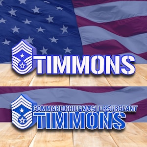 May include: A graphic design featuring the name "TIMMONS" in white, 3D block letters, with a blue military insignia. The background includes an American flag and a wooden texture.