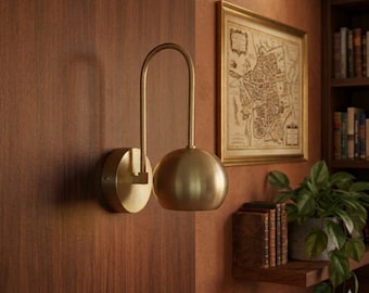 Handcrafted Brass Arc Wall Light, minimalist Modern Sconce, Gold Globe Lighting