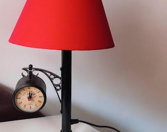 Red Shade Table Lamp with Analog Clock