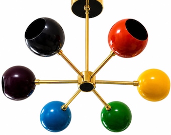 Lámpara de techo tipo cuenco de colores, araña Sputnik de 6 luces, lámpara colgante de latón, luminaria retro tipo esfera.