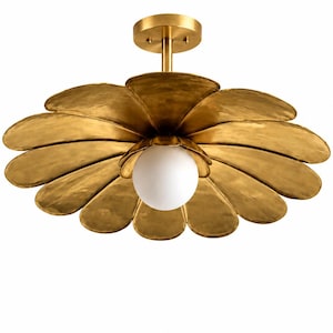 Lámpara colgante de latón con forma de flor, lámpara de techo escultural dorada, iluminación floral moderna de mediados de siglo,