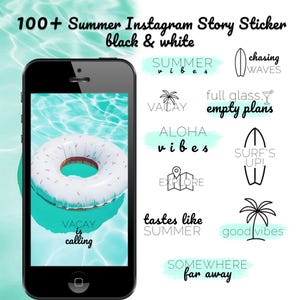 106 pegatinas de verano para historias de Instagram • Blanco y negro con detalles en turquesa • Descarga digital PNG • Conjunto de imágenes prediseñadas para redes sociales