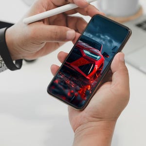 Red Sport Car Wallpaper – Aggressive Headlights, Rainy Asphalt Aesthetic, Luxury Coupe Phone Background, 4K Digital Download, iPhone/Android