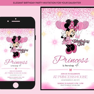 Invito di compleanno di Minnie Mouse rosa Download immediato Invito digitale di Minnie Mouse modificabile in Canva Modello di compleanno