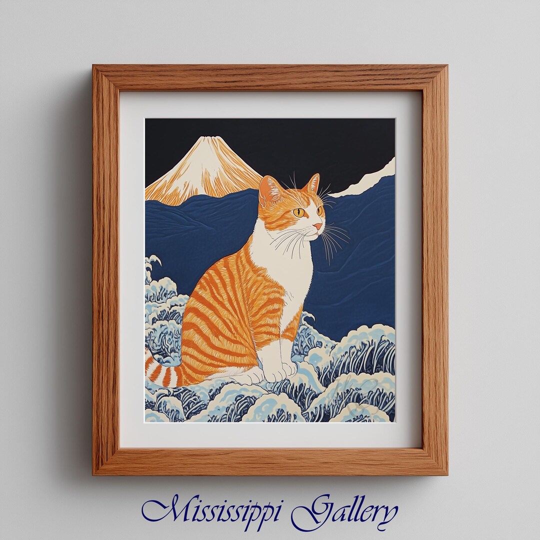 Vintage Ukiyo-e Tabby Cat Art - Japanese Woodblock Print Style, Coastal ...