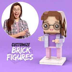 May include: A brick figure of a person wearing glasses, a purple shirt, a plaid jacket, and pink pants. The figure is standing on a white base. The image also includes a photo of a person and the text "CUSTOMIZE BRICK FIGURES."