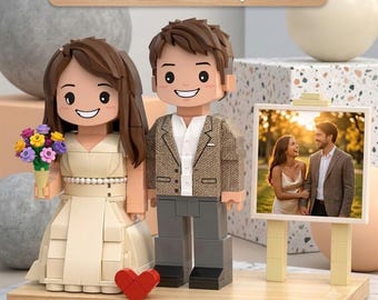 Conjunto personalizado de figuras de casal em tijolos com porta-retratos, lembrança de aniversário personalizada, presente de noivado.