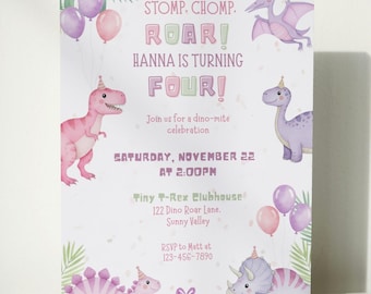 Dinosaurier-Mädchen-Geburtstags-Einladungsvorlage, Dino-Geburtstags-Einladung, rosa Dino-Party, bearbeitbare Kinderparty-Einladung, Mädchen-Dinosaurier-Geburtstag
