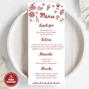 Może przedstawiać: Biała karta menu z czerwonymi ilustracjami jedzenia i napojów. Menu zawiera przystawki, dania główne, desery i napoje. Słowa "Menu", "Appetizer", "Entrée", "Desserts" i "Drinks" są czerwone. Widoczny jest przycisk pobierania cyfrowego.